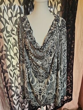Worthington Black and White Paisley Cowl Neck Tunic